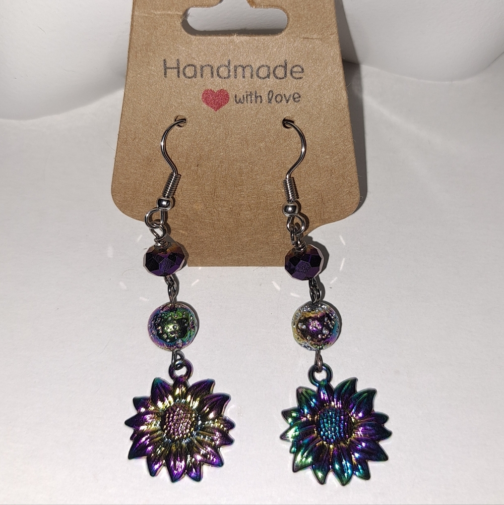 Rainbow Titanium Lava Bead & Sunflower Charm, Crystal Beaded Dangle Earrings